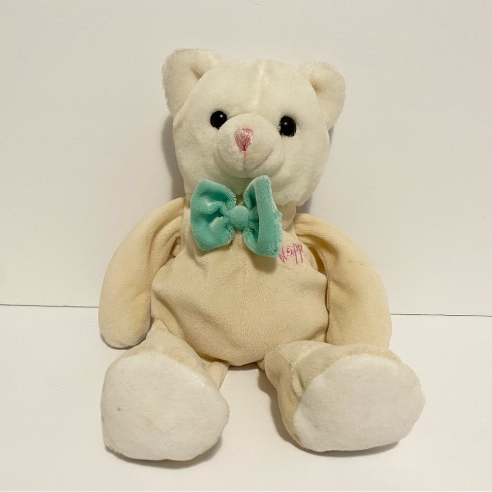 Vintage Cat Plush Cream Floppy Stuffed Animal Toy Green Bow HAPPY 10” Kitty